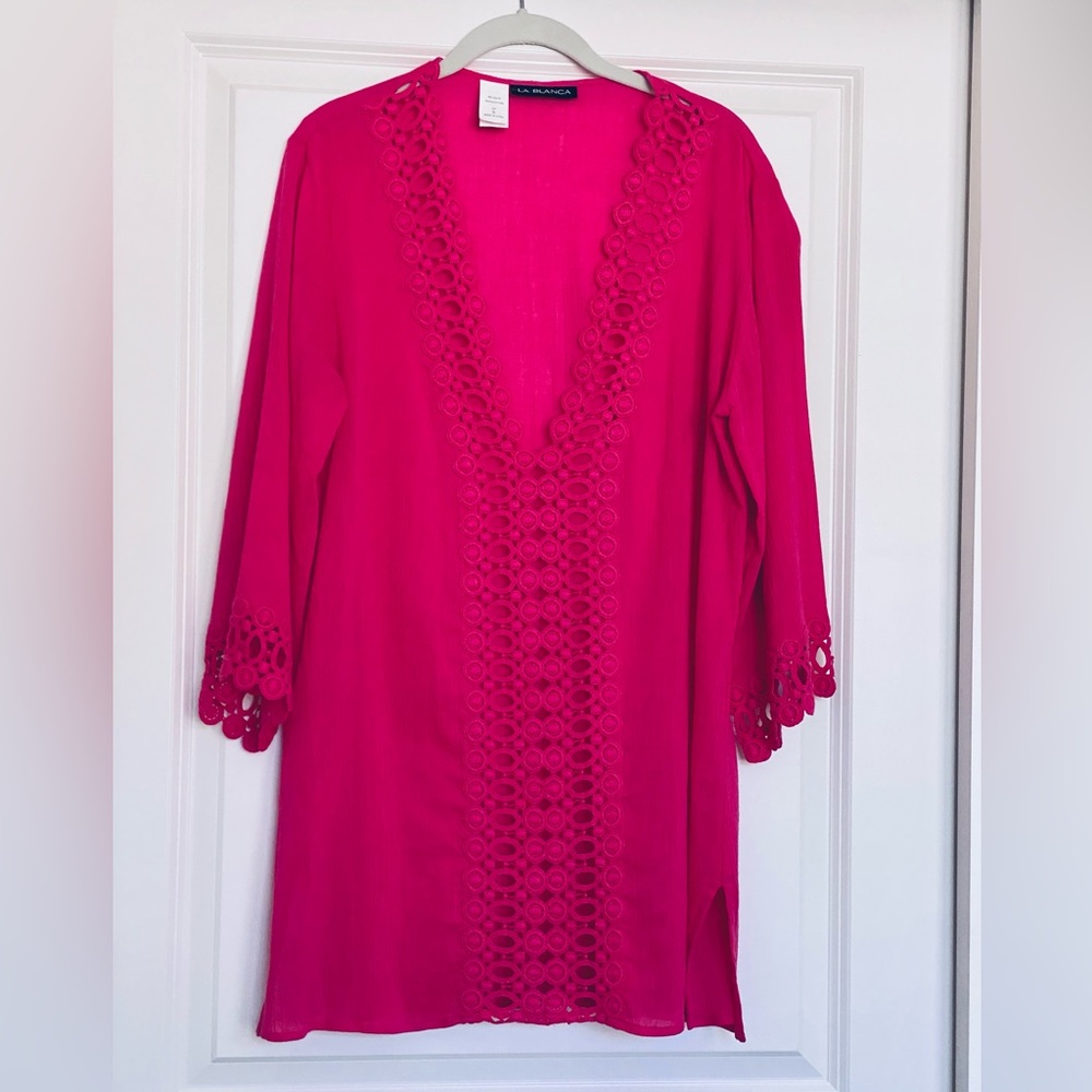 La Blanca V-Neck Tunic Coverup with Crochet Trim